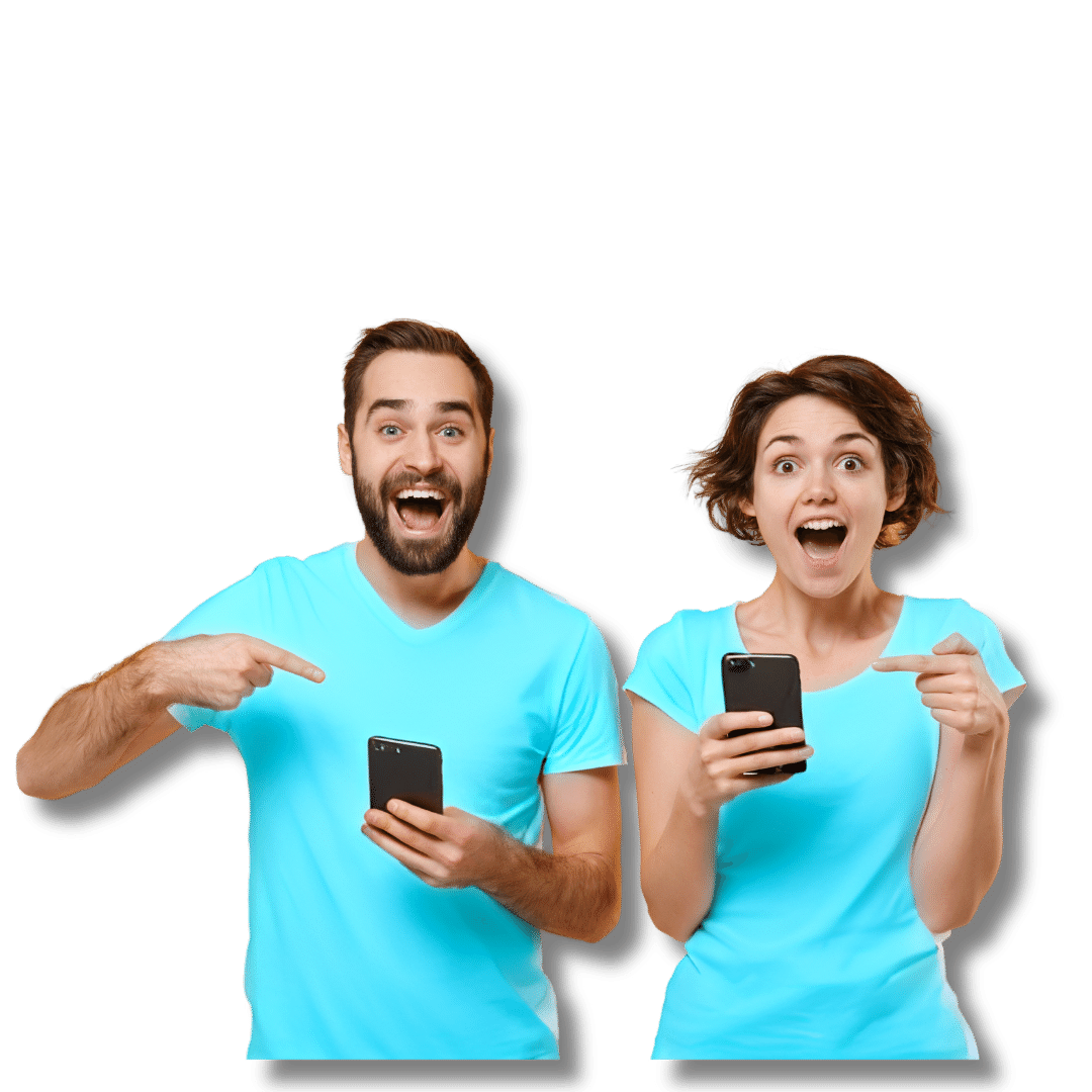 A guy and girl pointing at their cell phones