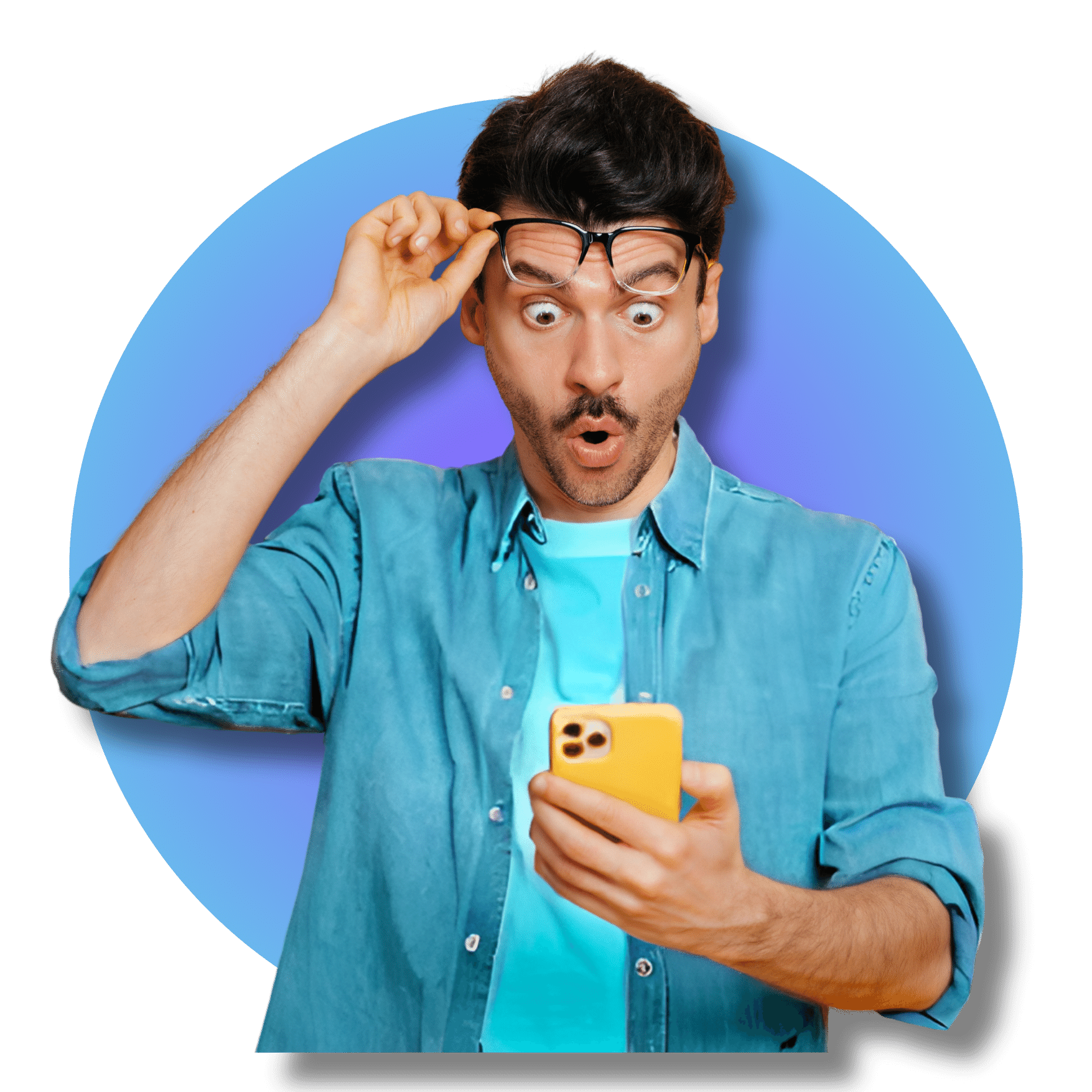 Man looks shockingly at his cell phone 