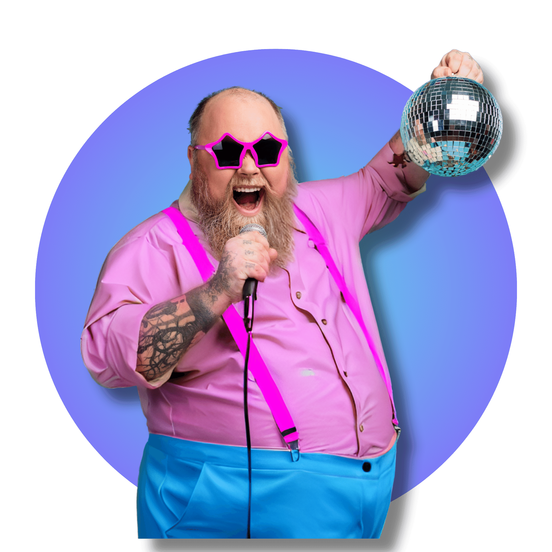 Man holds up disco ball and talks into microphone