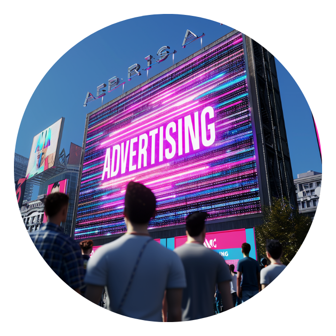 A crowd stares up at a digital billboard with the word Advertising on it