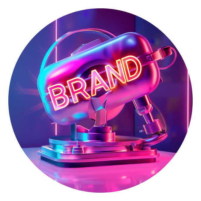 A hot branding iron, with the word "Brand" lit up in neon