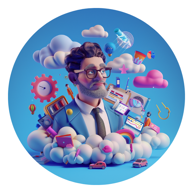 A business manager is surrounded by icons representing different aspects of business management