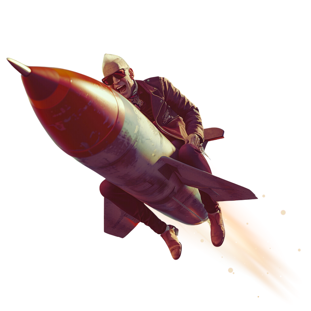 A man is riding on a rocket