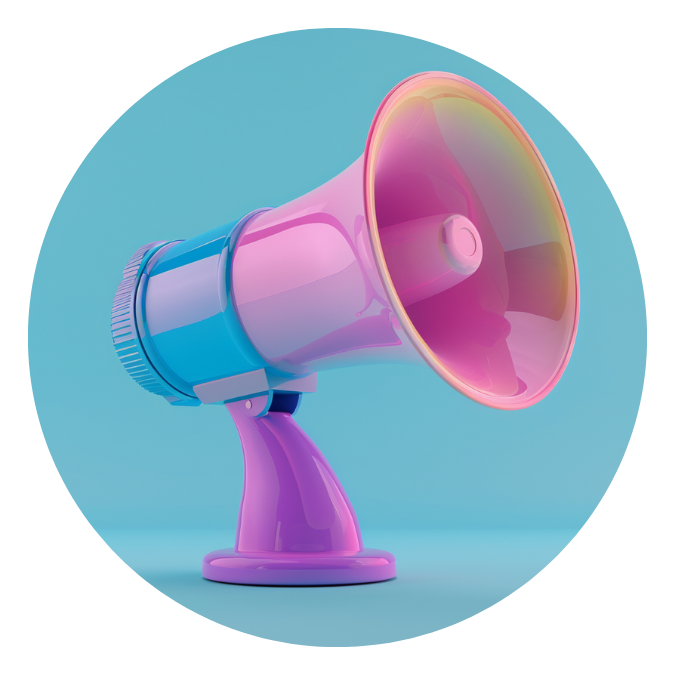 A megaphone in shades of pink, blue and purple, representing speaking to an audience for PR