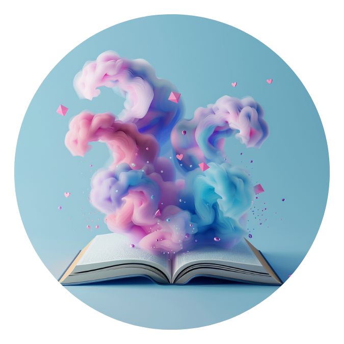 A book lies on a table, open, with bursts of pink, blue, and purple clouds and confetti wafting out